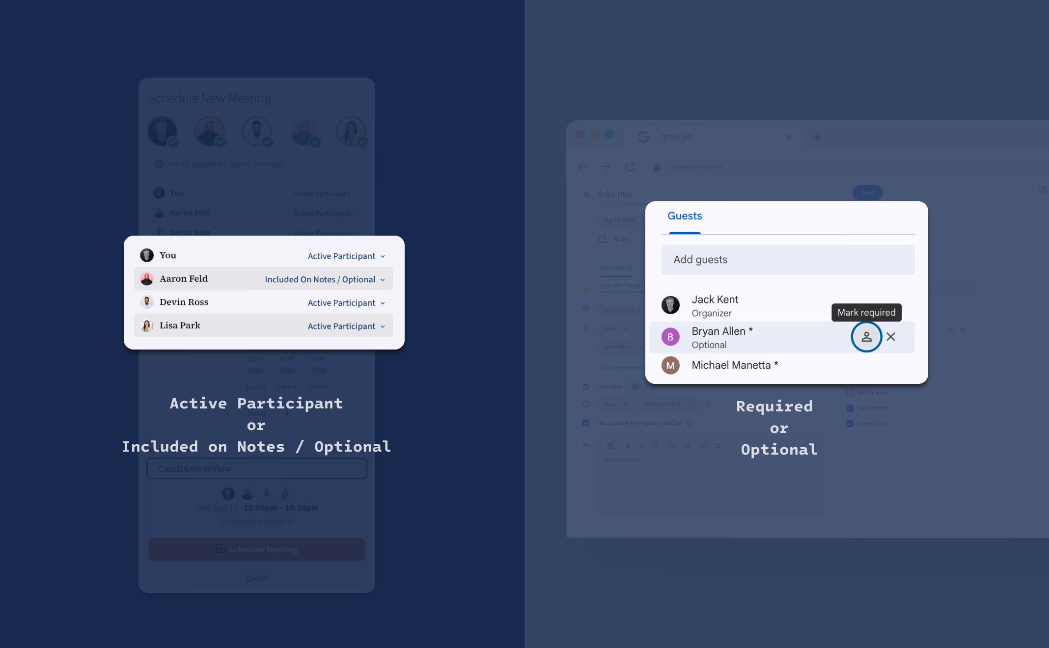 Aligned’s attendee list, where each person reads Active Participant or Included On Notes / Optional, set beside Google Calendar’s guest list, where the same people are only Required or Optional.