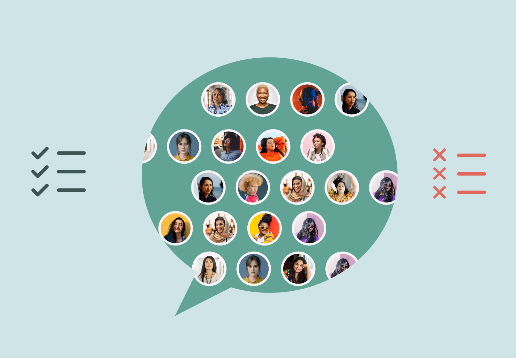 A speech bubble filled with portraits of creators, flanked by a checklist of ticks on one side and crosses on the other.