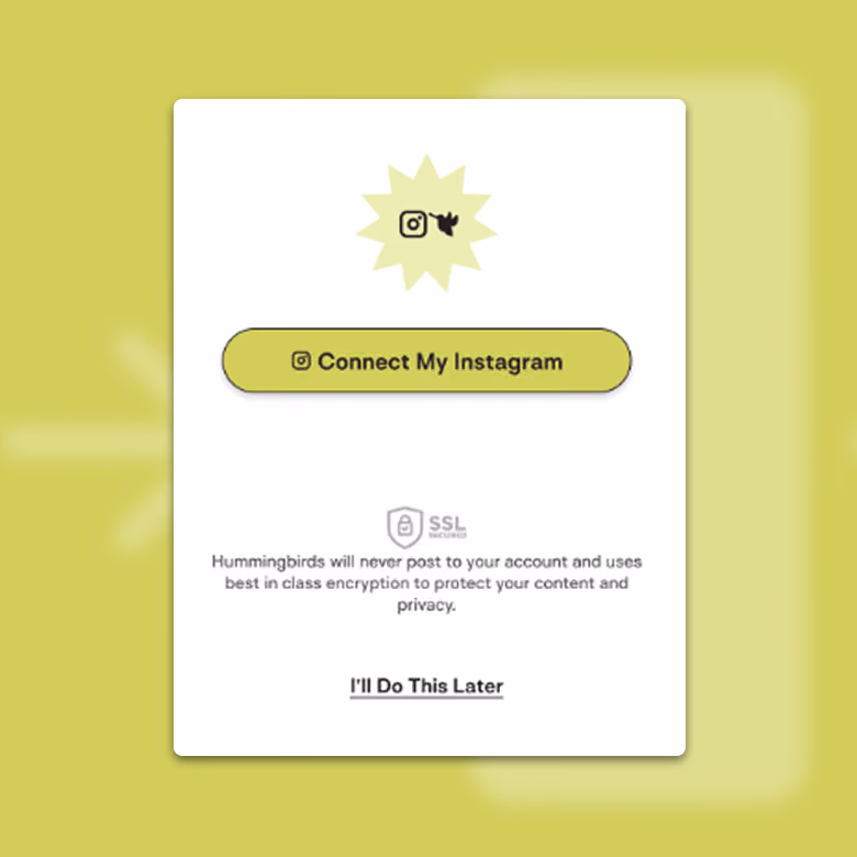 The Instagram connection screen: a “Connect My Instagram” button, an SSL badge, a promise that Hummingbirds will never post to the account, and an “I'll Do This Later” link.