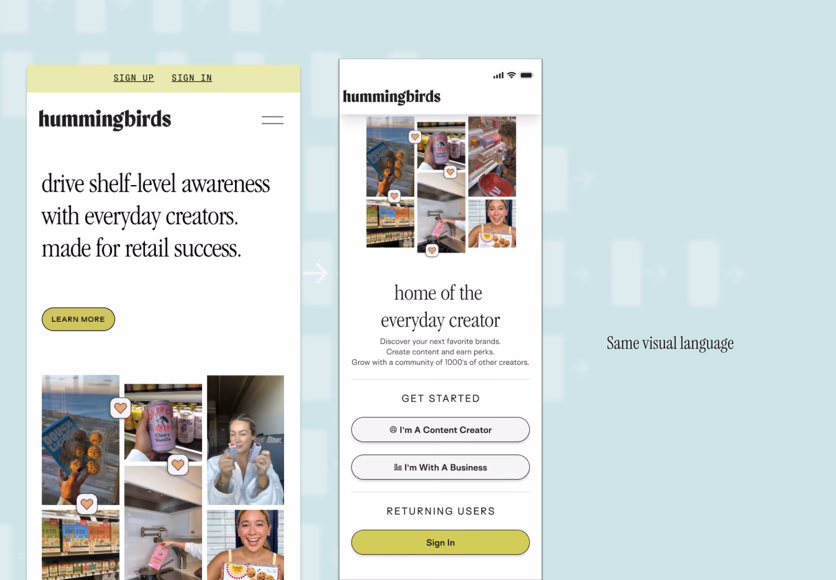 Two designs showing the product onboarding flow matches the brand design.