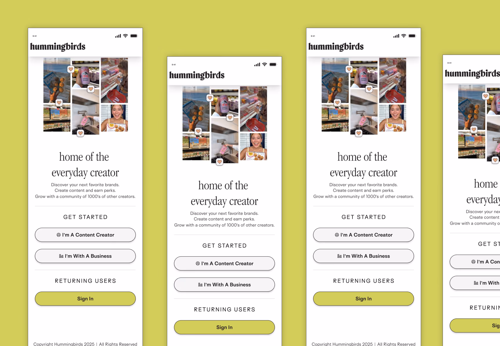 The Hummingbirds landing screen — “home of the everyday creator” over a grid of creator photos, offering “I'm A Content Creator” and “I'm With A Business” — shown at several widths.