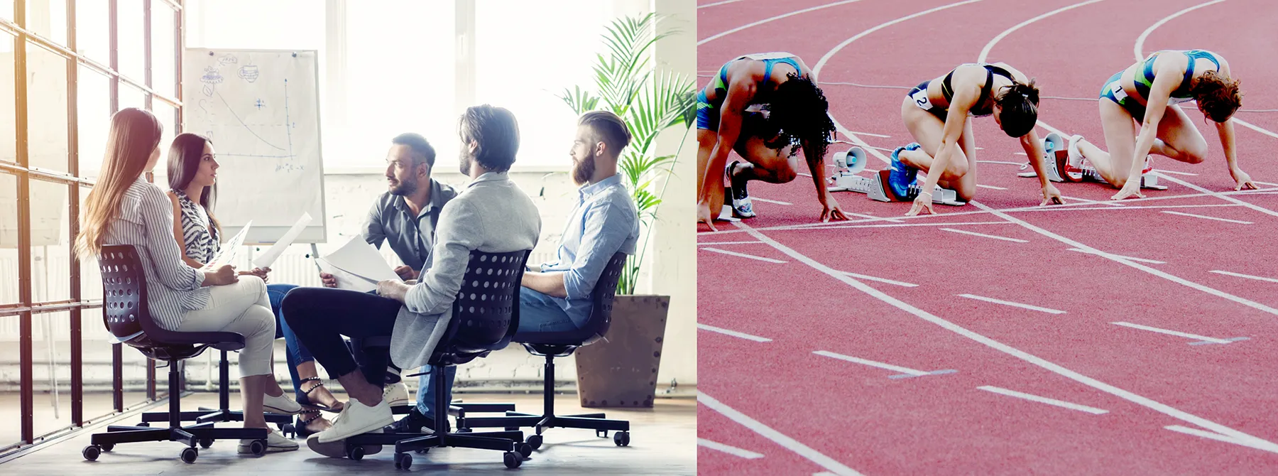 Stock photography: a team meeting in a bright office, beside sprinters in starting blocks on a running track.