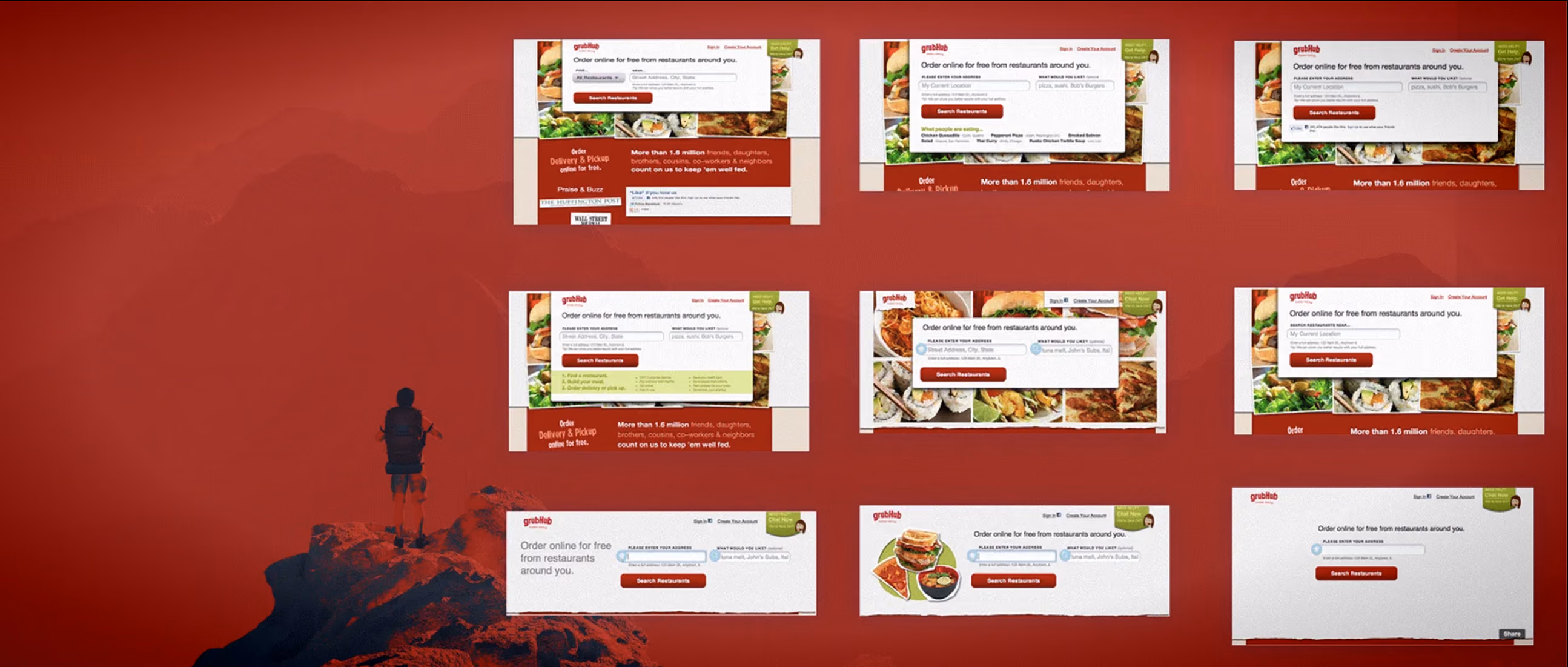 Nine Grubhub homepage variants laid out in a grid on a red background, showing the different layouts tested against one another.