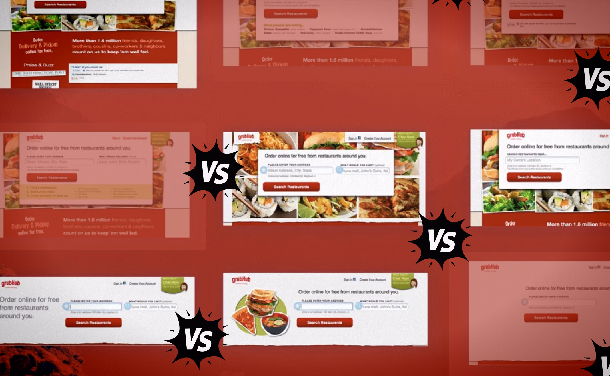 Grubhub homepage variants from the nine-way test, set side by side and marked VS against each other.