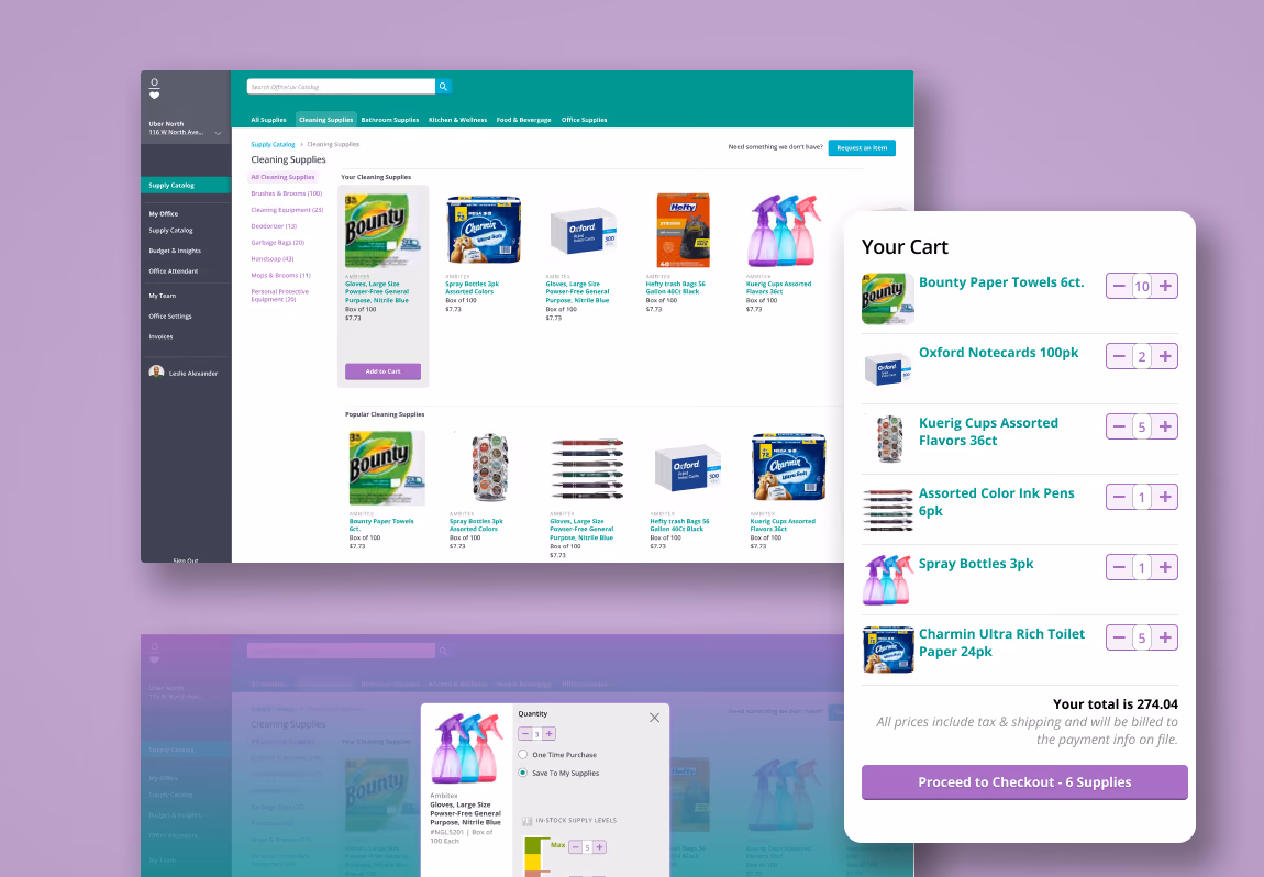 The OfficeLuv supply catalog showing cleaning-supply product cards, beside a cart panel listing paper towels, notecards, coffee pods, pens, spray bottles and toilet paper totalling $274.04.